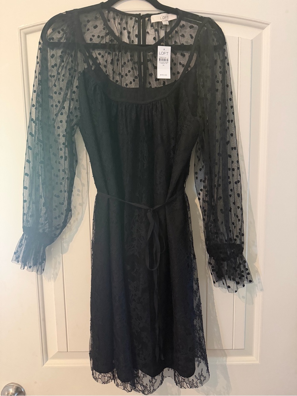 LOFT Black Lace Dress with Sheer Dotted Mesh Sleeves